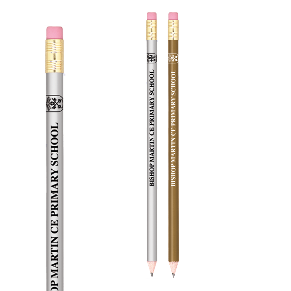 Printed round gold & silver pencils with erasers
