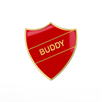 BUDDY Red and gold badge (pack of 5)